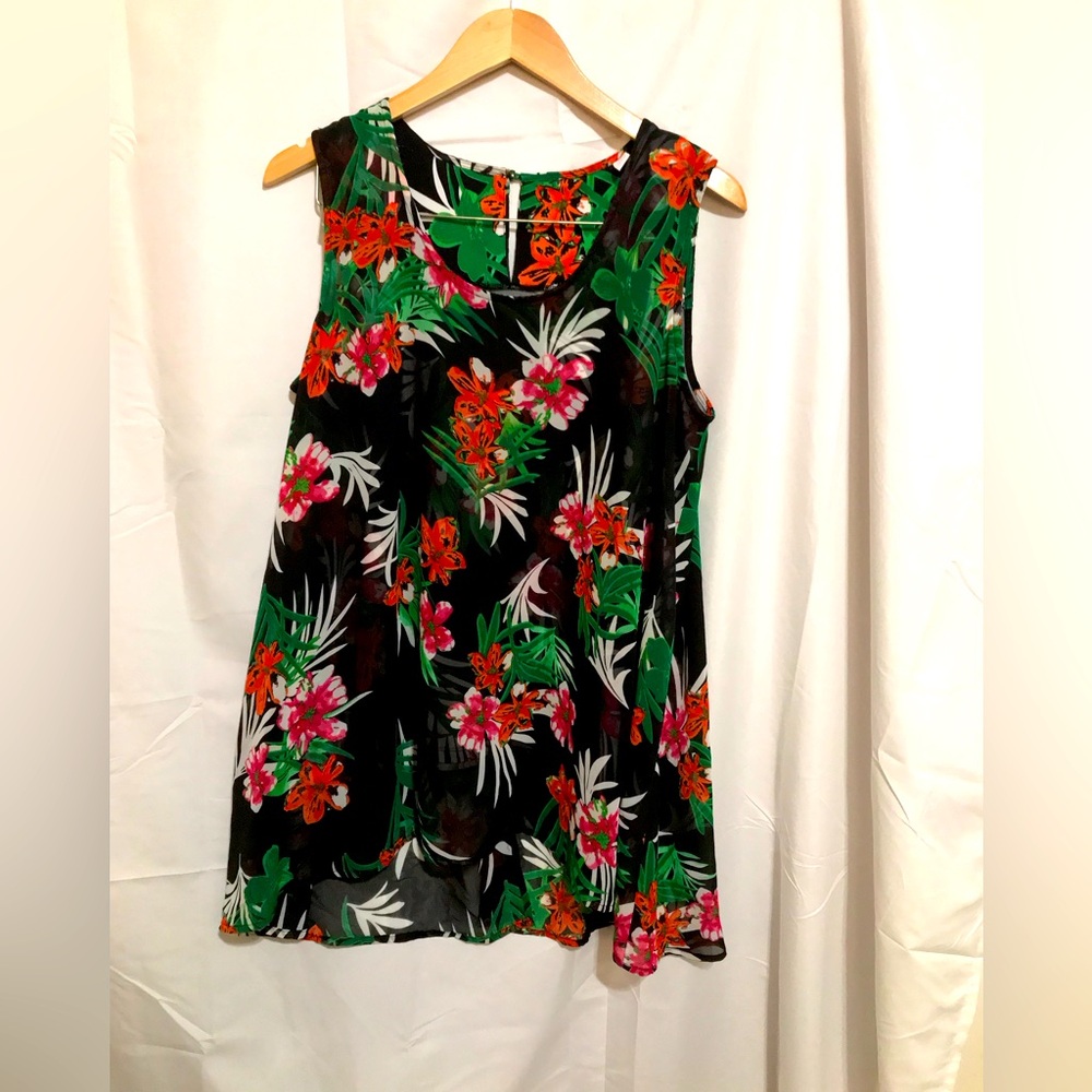 Women's Large Floral Sleeveless Tank Top Black with Green & Orange Floral Print